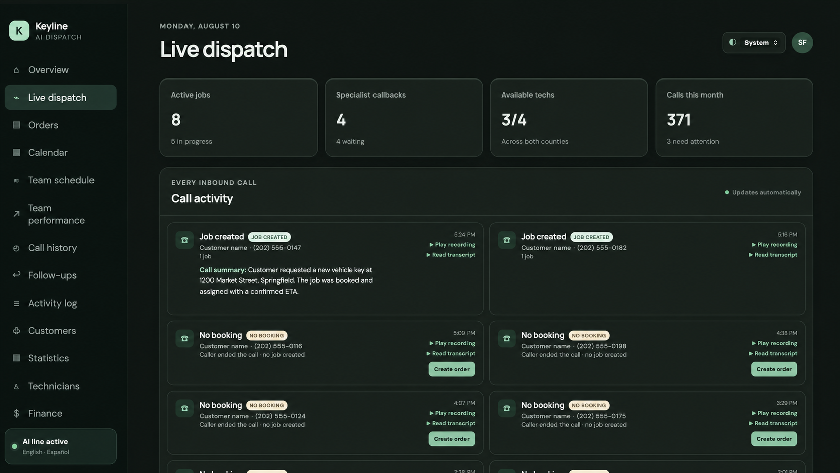 Live dispatch screen with calls and automatically created jobs